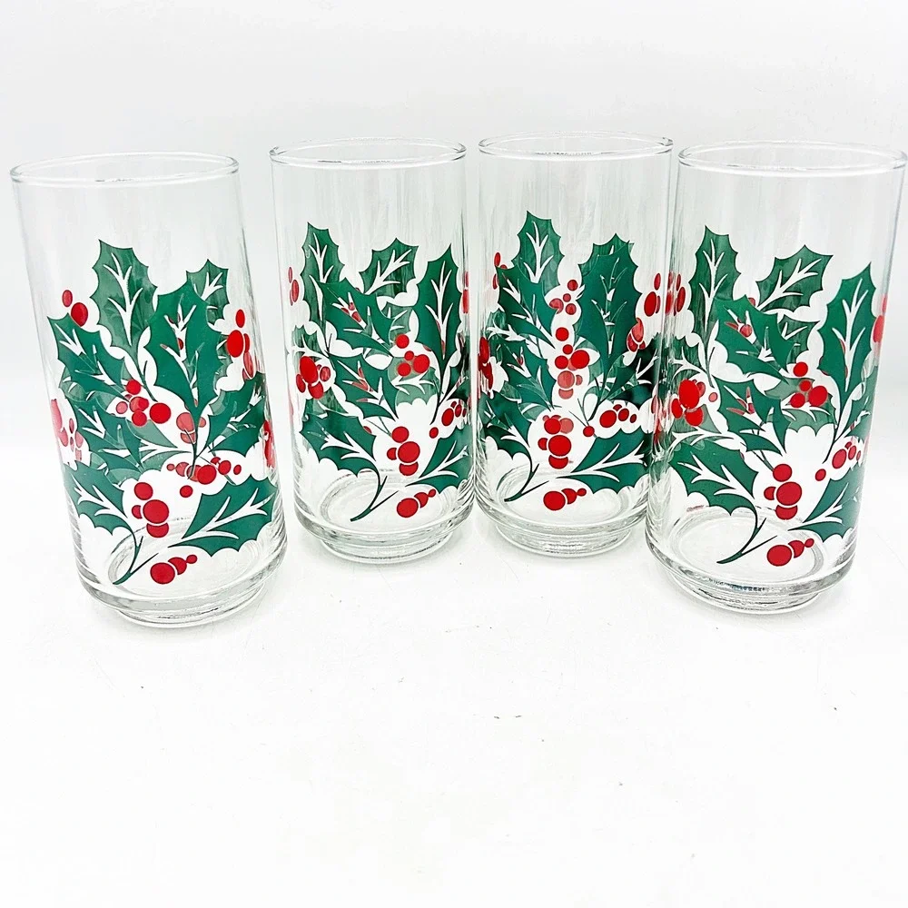Libbey Christmas Holly Berry‎ Tumbler Glasses Set of 4 Clear Crisa